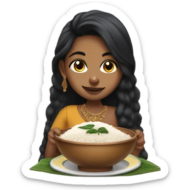 Indian girl with brown skin big nose and nose piercing, spinach on teeth, with black long fuzzy hair wearing indian dress eating curry and rice.  sticker
