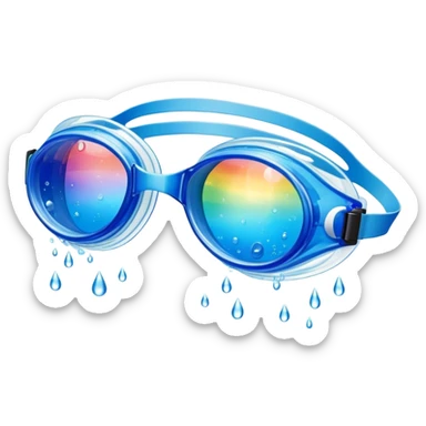 Transparent blue swim goggles, water droplets refracting rainbows sticker