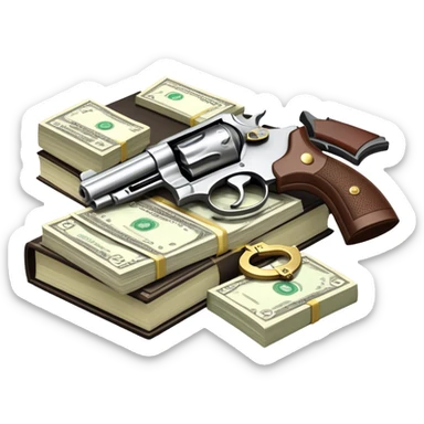Icon for Action & Crime Reading: an open book, a revolver, handcuffs, a stack of cash. Surrounding elements include a dark alley, a police badge, and a pair of sunglasses. The icon should evoke tension, suspense, and action. Transparent background. sticker
