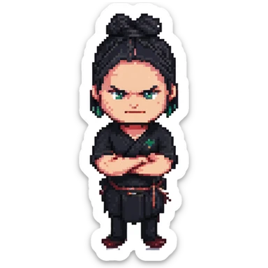 angry man with long black hair tied in a bun, arms crossed, dressed in black, pixel art 32bit style sticker