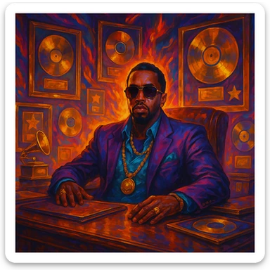 P Diddy as a music mogul, sitting at a desk with records and awards, fantasy illustration style sticker