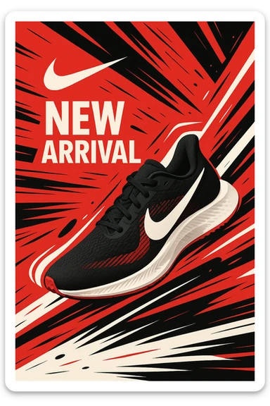 modern poster design featuring Nike's new arrival shoes, Nike logo prominently displayed, sleek and energetic style, bold colors, dynamic layout sticker