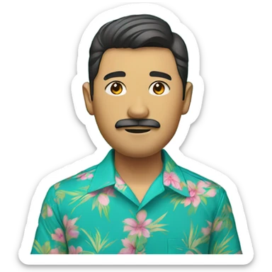 young asian man with beard and mustache, teal hawaiian shirt with pink flowers sticker
