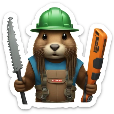 Beaver with dreadlocks in climbing gear with a chainsaw  sticker