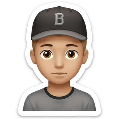 Create a teen boy wearing a faded black T-shirt. He will have light brown hair that is buzzed, tan skin, and dark brown eyes. He is wearing a gray baseball hat turned backwards. sticker