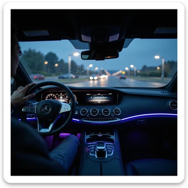 night point of view from directly behind the steering wheel of a 2025 Mercedes S-Class in a parking lot, hyperrealistic luxury interior, blue or purple ambient lighting, glowing dashboard, realistic hand on Mercedes steering wheel, rainy windshield with water droplets, blurred outside, cinematic sticker