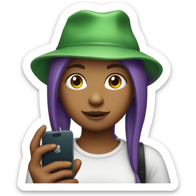 Make a daughter with a cell phone and purple hair and a green hat sticker