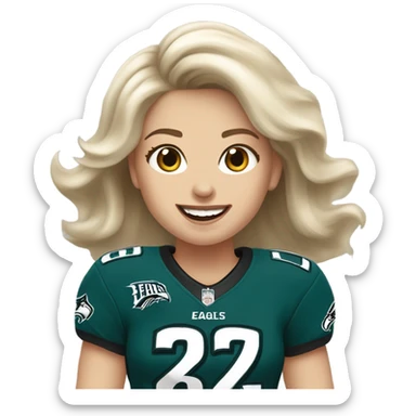 White female with light skin, medium white hair blue eyes wearing Philadelphia Eagles jersey cheering  sticker