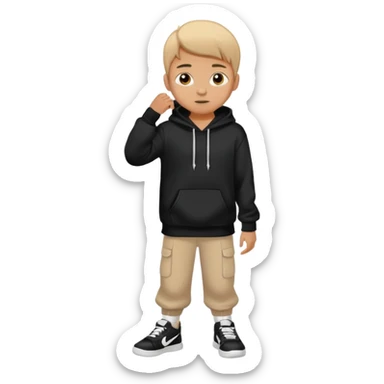 A boy wearing black hoodie and a white and black shoes sticker