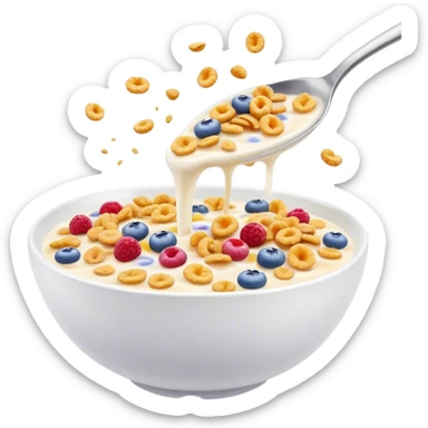 Cinematic crunchy cereal, vibrant and colorful, splashing into a bowl of cold milk, soft glowing background, dynamic movement, playful and inviting, nostalgic and fun. sticker