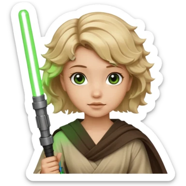 Young jedi with sandy blonde wavy short hair holding a green light saber, he has brown eyes sticker