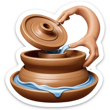 Cinematic Realistic image of a ceramic pottery wheel in action, with skilled hands shaping wet clay into a graceful form, featuring intricate details of swirling textures and gentle water splashes, illuminated by soft, artisanal lighting sticker