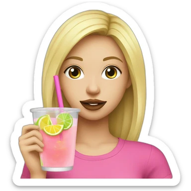 blonde girl straw drinking pink lemonade with one green lemon in the cup, with black watch black t shirt sticker