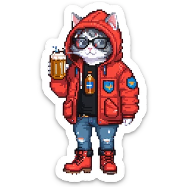 Catfish in red winter jacket with hood, round glasses, blue jeans, red boots, holding a beer can with red label, retro game style sticker