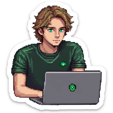 man with light brown hair and green eyes working on a laptop, simple background sticker