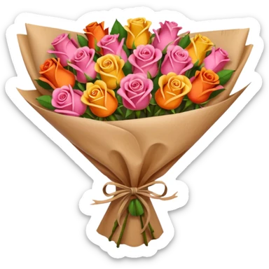 Bouquet of red orange pink yellow roses in package sticker