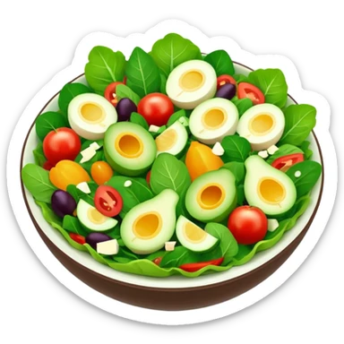 Salad community avatar in clean emoji-style illustration. Classic salads like Olivier and Tashkent, vibrant greens and colorful ingredients, simple shapes, flat design, high contrast, fresh and inviting. sticker