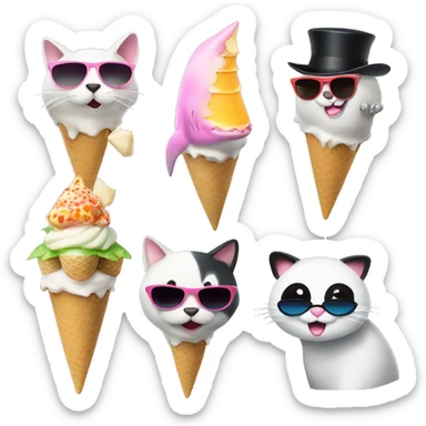 Shark with a top hat, panda eating ice cream, cat with sunglasses sticker