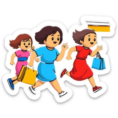 shoppers running with the salesgirl, bright colors and playful expressions sticker