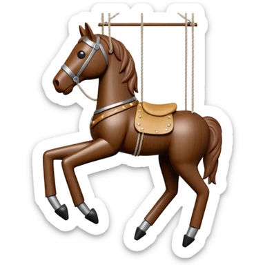 3D render of Horse Puppet as a wooden marionette puppet, Wooden toy horse on strings, silver metal screw joints at elbows and knees, polished brown wood texture, rigid toy pose, emoji style, isolated on white background --v 6.0. sticker