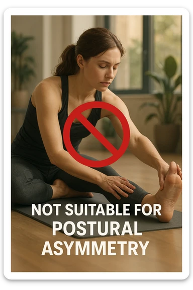 cinematic vertical illustration of woman performing classic postural stretching routine on mat, bold red prohibition sign and text overlay reading 'Not suitable for postural asymmetry', softly lit modern exercise room background with large windows and plants, gentle lighting, informative cautionary mood sticker