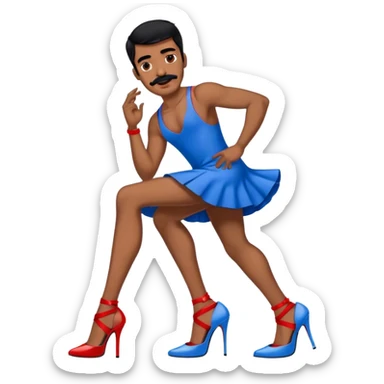 Man in a blue dress and blue and red strappy high heels with black hair and black mustache and brown skin sticker