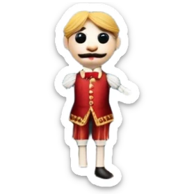 Icon for Puppet Theater: a puppet on strings with theatrical curtains in the background, along with a small stage and dramatic lighting. The icon should represent the whimsical and artistic nature of puppet performance. Transparent background. sticker