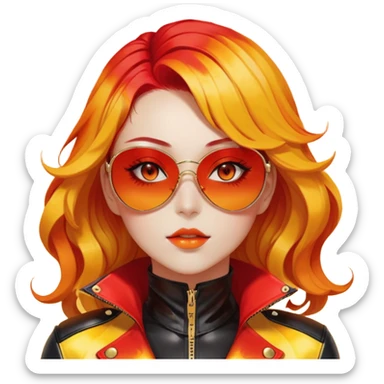 Beautiful gorgeous anime lady with beautiful fiery long warm-red-orange-yellow-gradient-wavy-special-hair, fashion aesthetic, black sunglasses, accessories, gold jewelries, red-and-yellow sunny-pattern-eyes, black latex-suit, biker-woman, cool, badass sticker