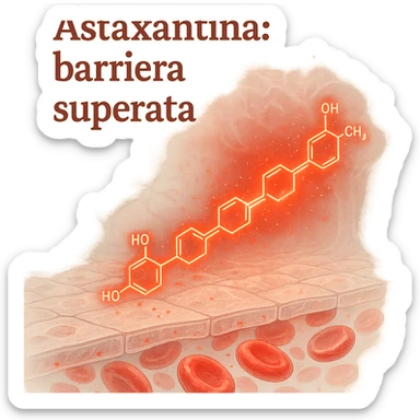 hyper realistic glowing red astaxanthin molecule crossing a transparent blood-brain barrier, positive atmosphere, light background, with text 'Astaxantina: barriera superata' sticker