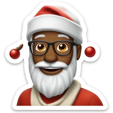 A 50 years brown skin man who has beard, glasses, and use Santa's hat and two  Rudolf the reindeer horns sticker