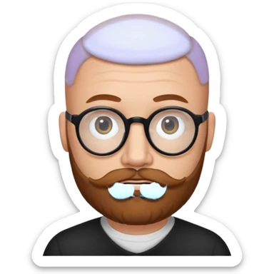 emoji 32-year-old white man, bald with a chestnut beard and mustache, small head with round black glasses. sticker