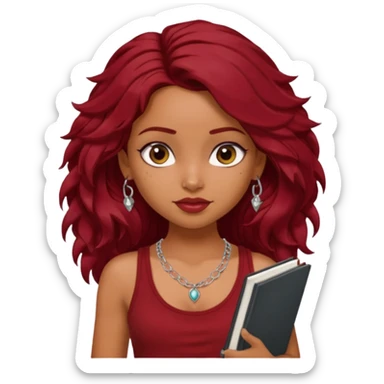 a pretty tan indian bratz girl with messy dark wavyred hair, wearing a dark red tank top, layered silver necklaces. Carrying multiple sketchbooks sticker