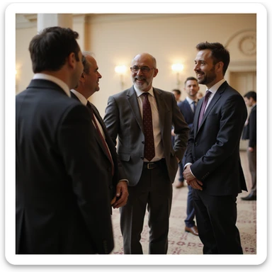 an indian in formal attire standing talking to a group with casual attire sticker