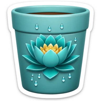 Decorative turquoise ceramic flower pot with a low, cylindrical shape and a lotus flower plant sticker