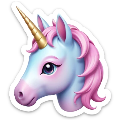 Cinematic Cute Unicorn Pony Portrait Emoji, Head tilted playfully and inquisitively, featuring a charming, diminutive form with a gentle pastel color, a delicate, sparkling horn and large, dreamy eyes full of wonder, Simplified yet irresistibly adorable features, highly detailed, glowing with a warm, magical glow, high shine, affectionate and lively, stylized with a touch of whimsical charm, soft glowing outline, capturing the essence of a mischievous yet endearing unicorn pony that seems as if it could prance out of the screen into your arms! sticker