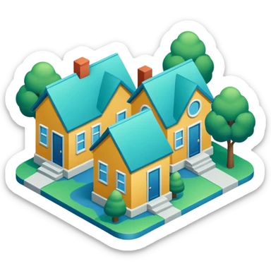 group of 3 houses representing neighborhood isometric houses on transparent background similar in style to the iphone icons houses should be colored in blue and green details sticker