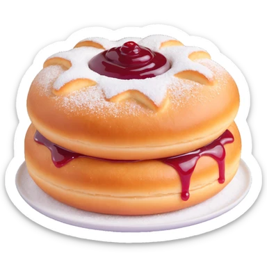 a single Berliner Krapfen, round, golden-brown, no hole, heavily covered with powdered sugar, with visible jam filling sticker