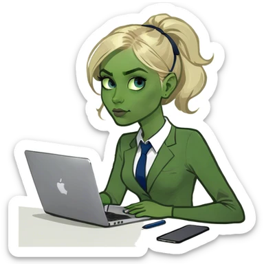 White skin girl with blue eyes, blonde hair working with Mac  sticker