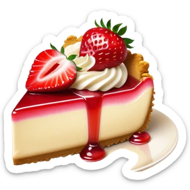 Cinematic creamy cheesecake, smooth and velvety, topped with fresh strawberries and a glossy fruit glaze, golden crumbly crust, beautifully plated, soft glowing background, indulgent and elegant. sticker