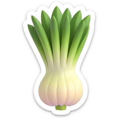 whole leek with thick white base, pale to dark green leaves, leaves open and layered, root end with hair-like roots, moist and clean, 3D-rendered, minimal, soft shadows, no face, transparent background, emoji scale sticker