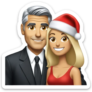 George Clooney & blonde woman holding Yorkshire terrier wearing red santa hat sticker