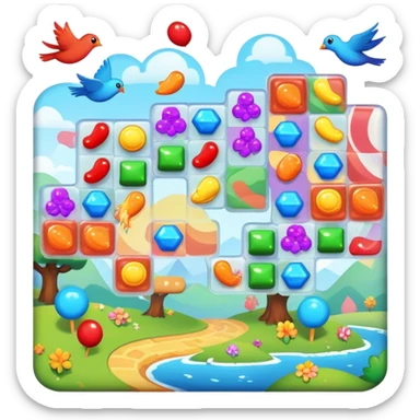 An icon representing a casual game, inspired by titles like Candy Crush. The design features colorful puzzle pieces, bouncing birds, and characters running through dynamic landscapes. Vibrant HUD elements like scores and power-ups highlight the playful. Transparent background sticker