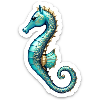 Cinematic Noble Sea Horse Portrait Emoji, Poised and elegant, with a delicate, upright body adorned with intricate, flowing patterns and a gracefully curled tail, with keen, expressive eyes, Simplified yet sharp and sophisticated features, highly detailed, glowing with a soft, aquatic luminescence, high shine, intelligent and refined, stylized with an air of ethereal marine grace, focused and poised, soft glowing outline, capturing the essence of a watchful and confident sea guardian that appears ready to drift out of the screen with effortless authority! sticker