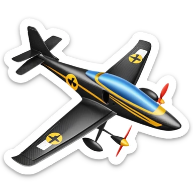 Emoji of a black rc plane. The design is a long thin carbon fiber spar in the longitudinal axe. At the head of the plane, a black carbon fiber long prism where the wings start from. The wings are completely rectangular. The tail is V-shaped sticker
