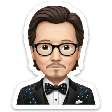 Gary Oldman with dark brown hair hair, black sequin suit with bow tie sticker