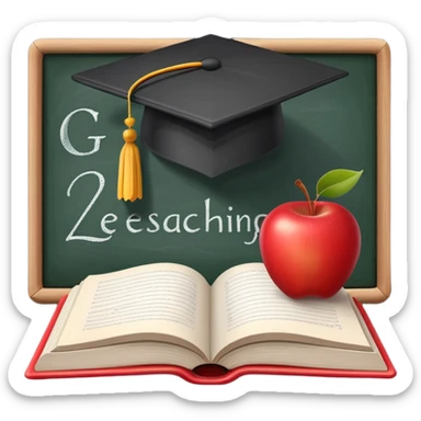 An icon featuring an open book, a chalkboard with lesson plans, and a pencil, symbolizing education and pedagogy. The design includes an apple and a graduation cap, representing teaching and learning. Transparent background highlights the growth and development in education. sticker