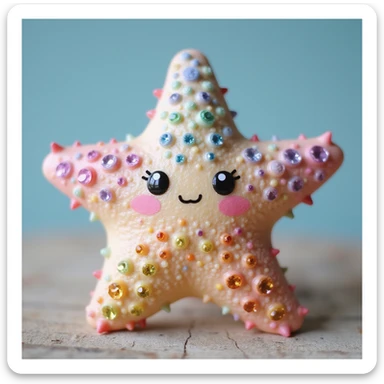 realistic sea star with rainbow pastel colors, sparkling gems, natural texture, slight kawaii charm, gentle cute expression sticker
