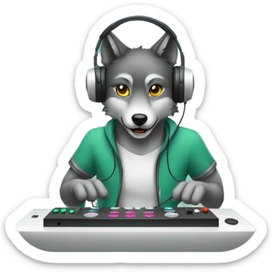 a wolf playing video games wearing headphones sticker