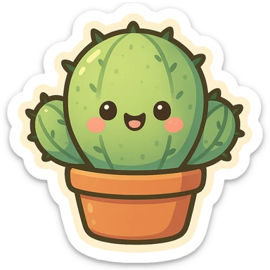 cute and exaggerated chibi sticker-style cactus with a smiling face sticker