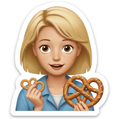 Short, center part, Dirty blond hair, fair skin with freckles,  holding pretzels and winking her eye sticker
